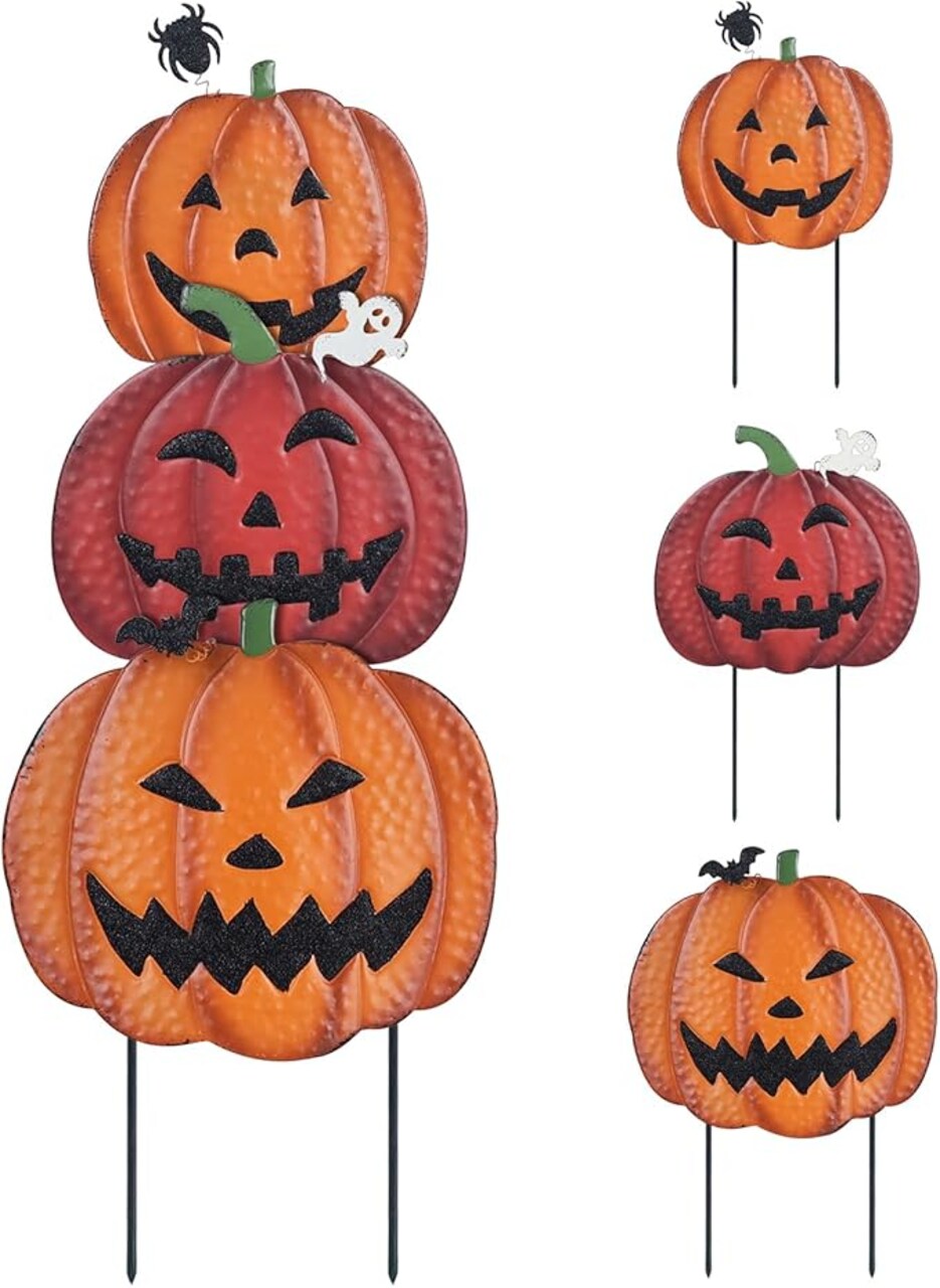 Halloween Yard Decor, 34" Ornamental Garden Stakes with Three Pumpkins Halloween Party Decorations: Garden Lawn Patio with Jack O' Lantern Metal Yard Signs
